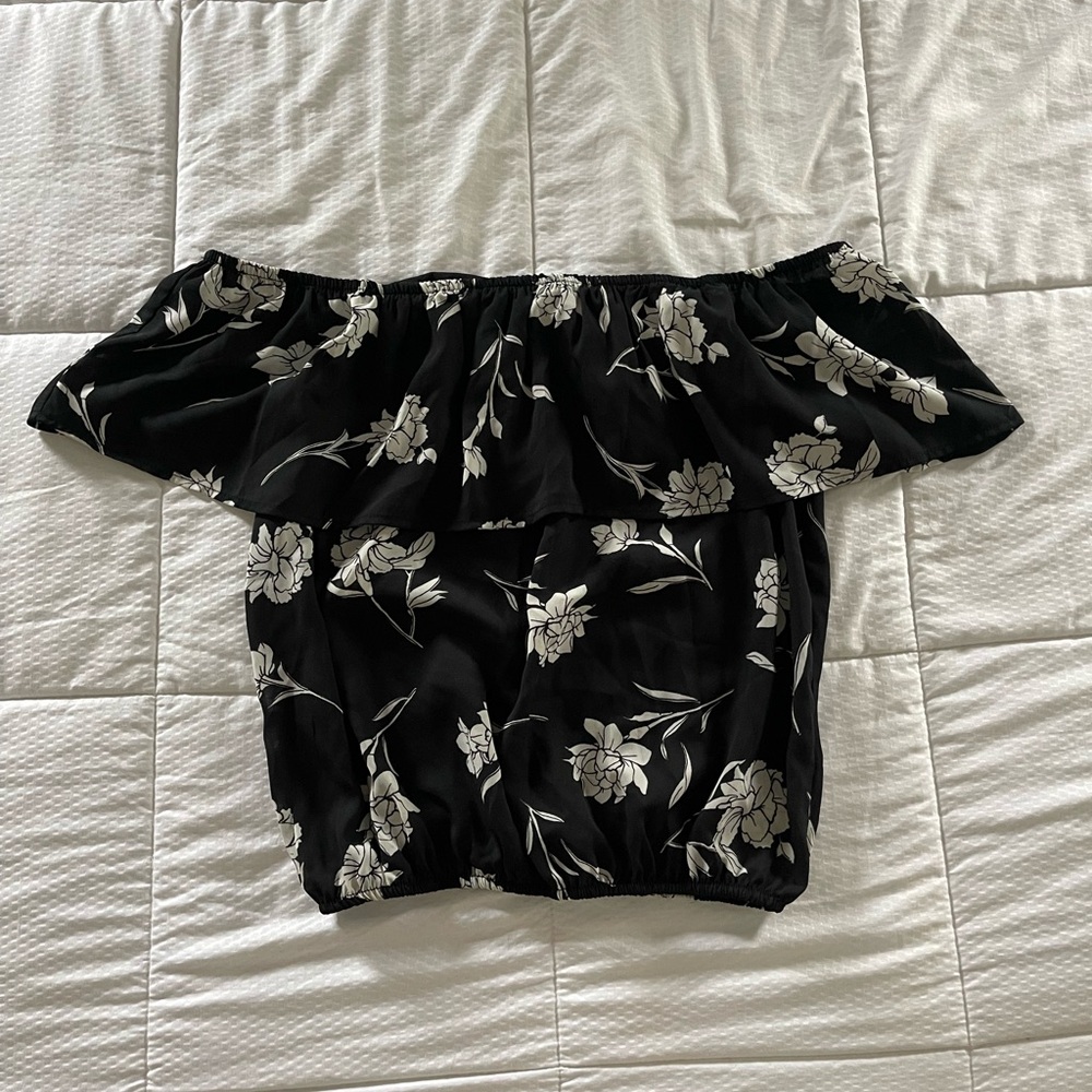 Black and White Floral Off-Shoulder Crop Top